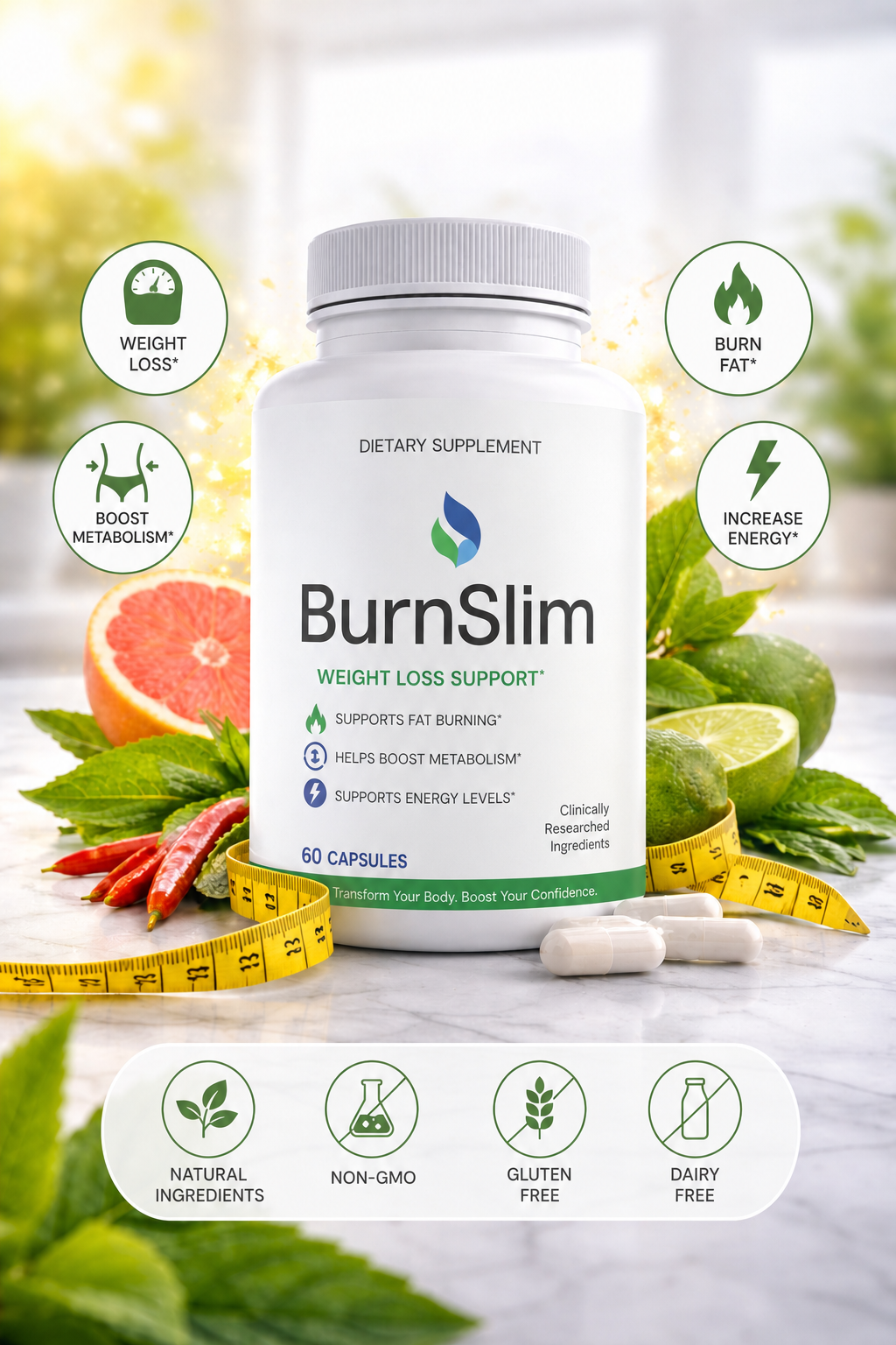 BurnSlim bottle surrounded by natural ingredients