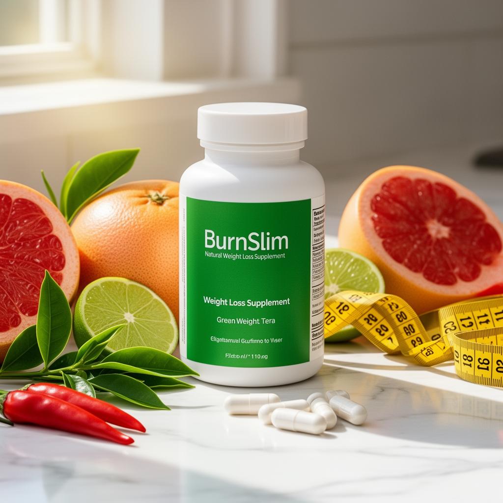 BurnSlim with grapefruit, green tea, cayenne pepper and measuring tape on marble