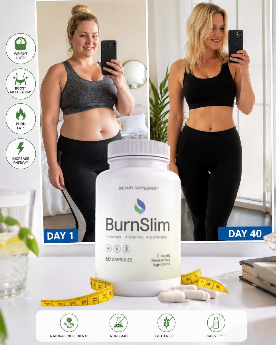 BurnSlim Day 1 vs Day 40 results for woman